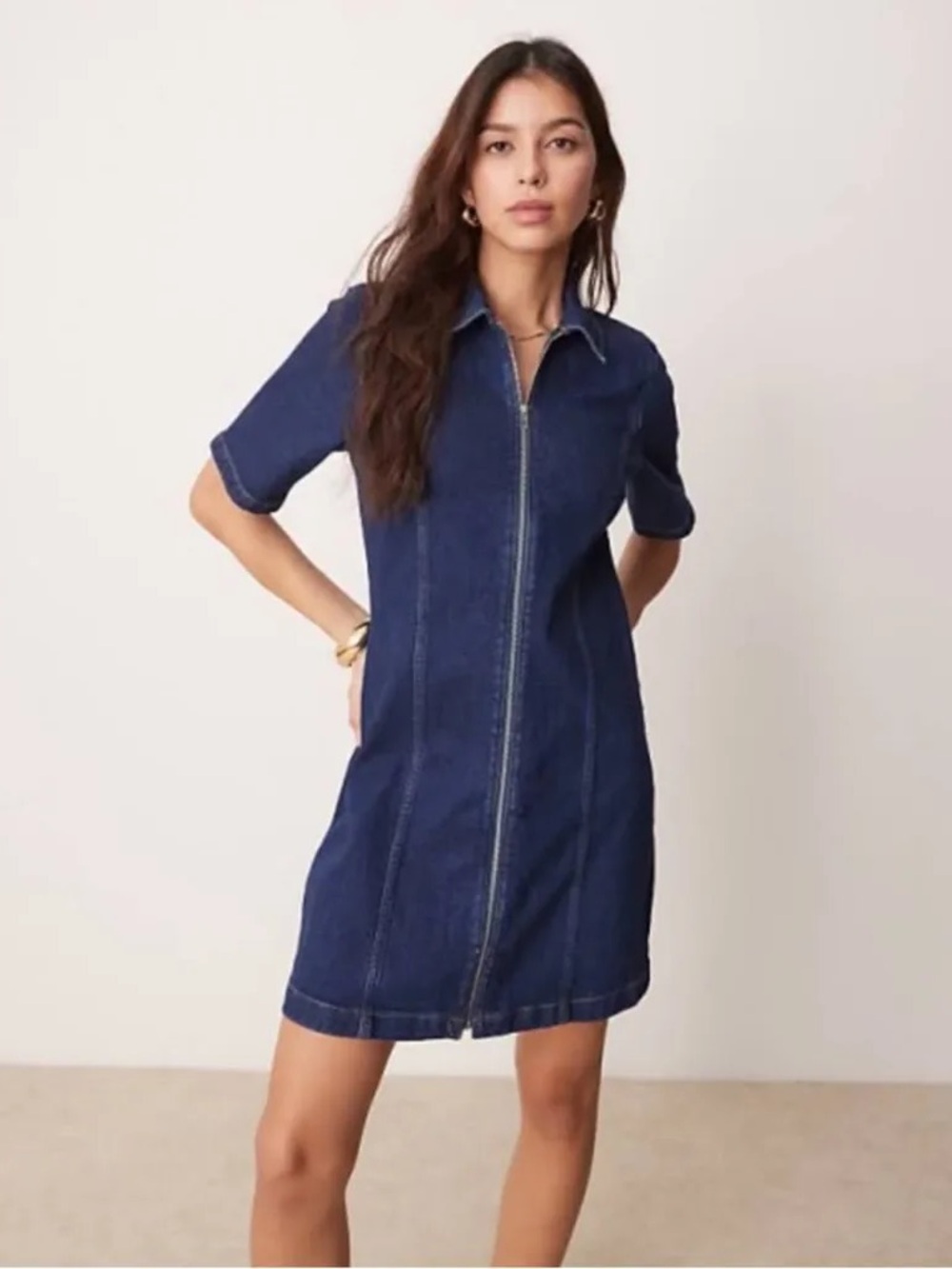 Abercrombie & Fitch Zip-Front Short Sleeve Dress - Dark Blue